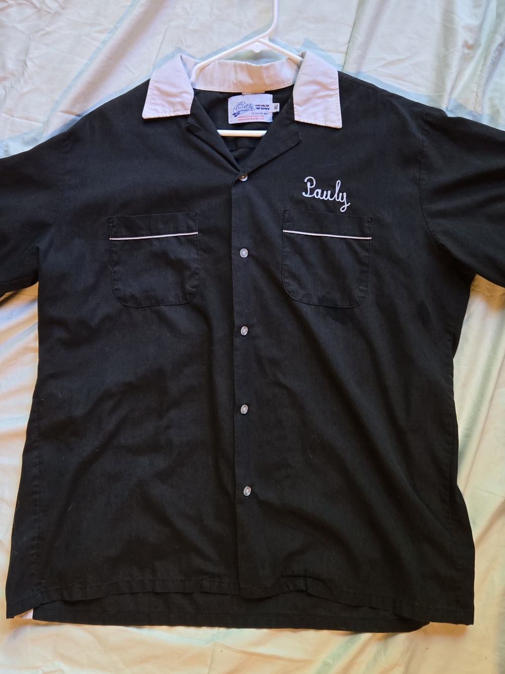 Embroidered 'Pauly' Black Bowling Shirt with Contrast Collar and Trim